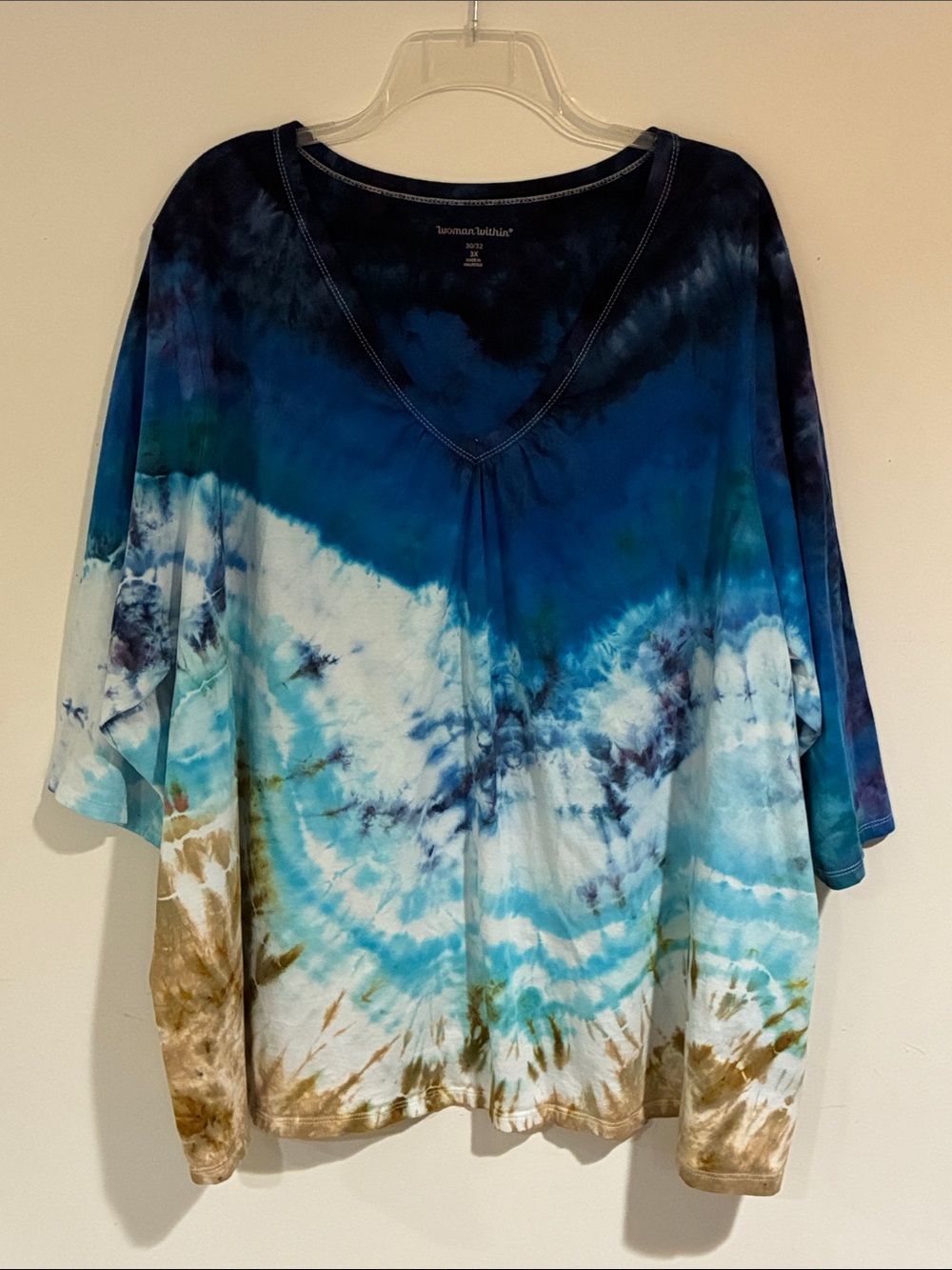 Woman Within “Beach” Tie-Dye V-Neck Tunic with 3/4 length sleeves